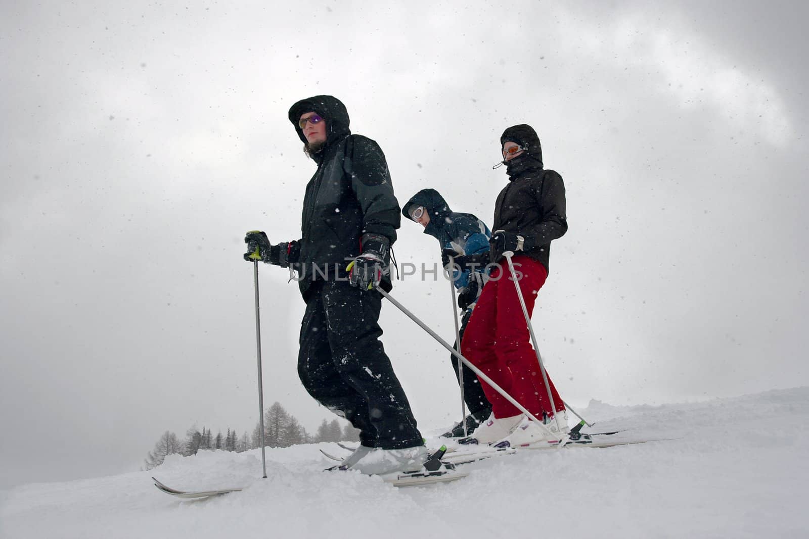 Skiers in the falling snow