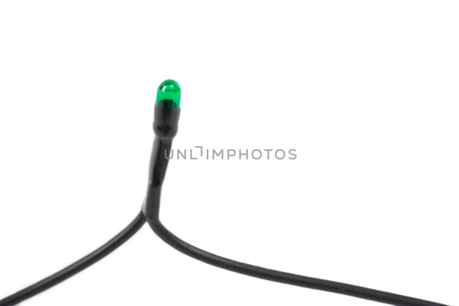 Closeup view of small green bulb on a wire