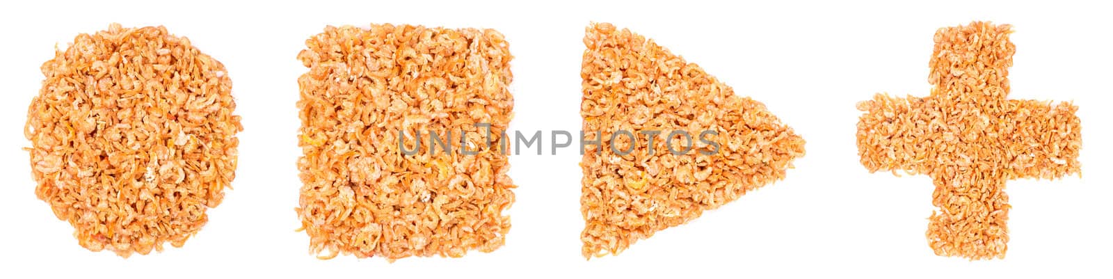 Geometrical figures made of dried shrimps, isolated on a white background