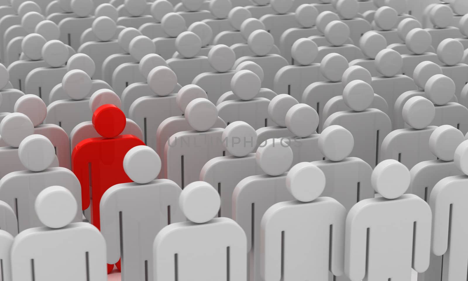 One red human figure in the crowd of white human figures