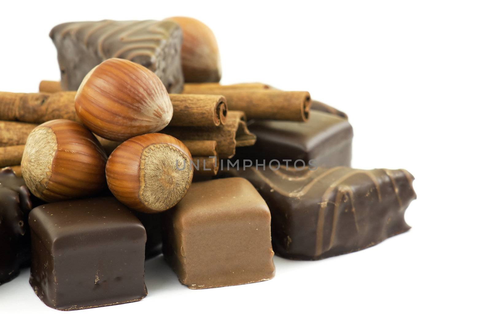 chocolate, hazelnuts, cinnamon sticks