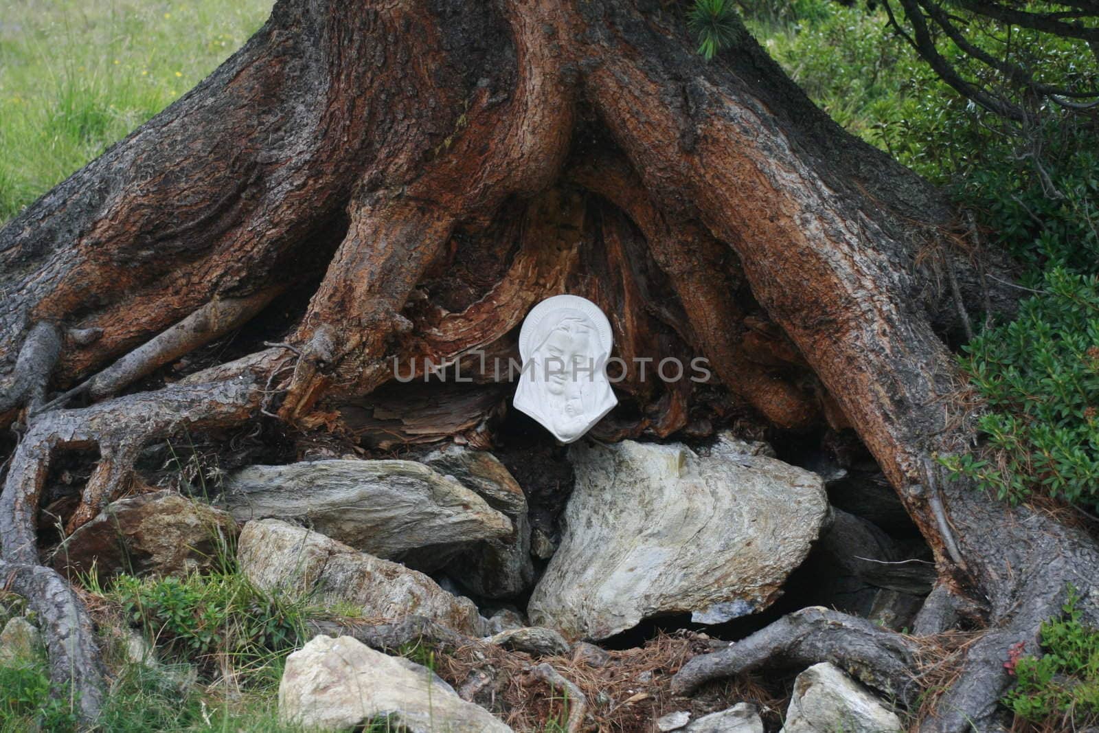 Portrait of the Mother of God in the root work of a tree