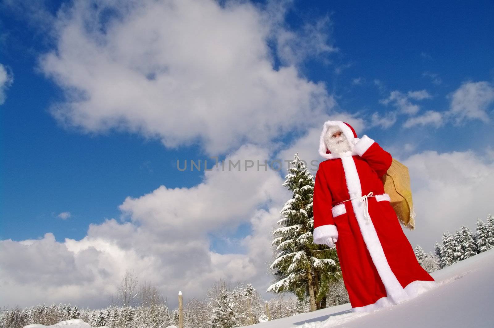 Santa Claus, Father Christmas in a beautiful winter landscape