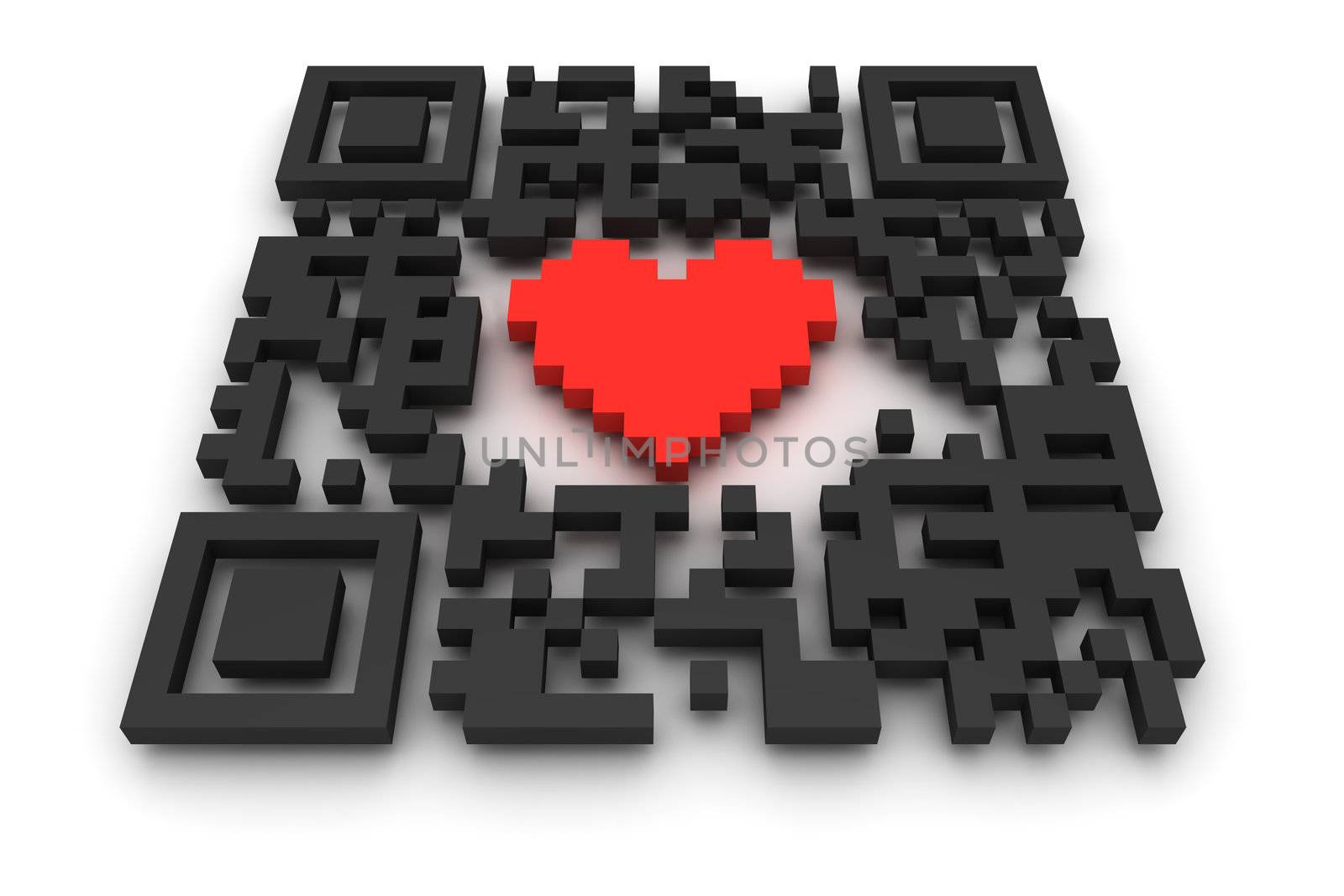 Render of a QR code (quick response) on a white background. Note: this qr-code is fake