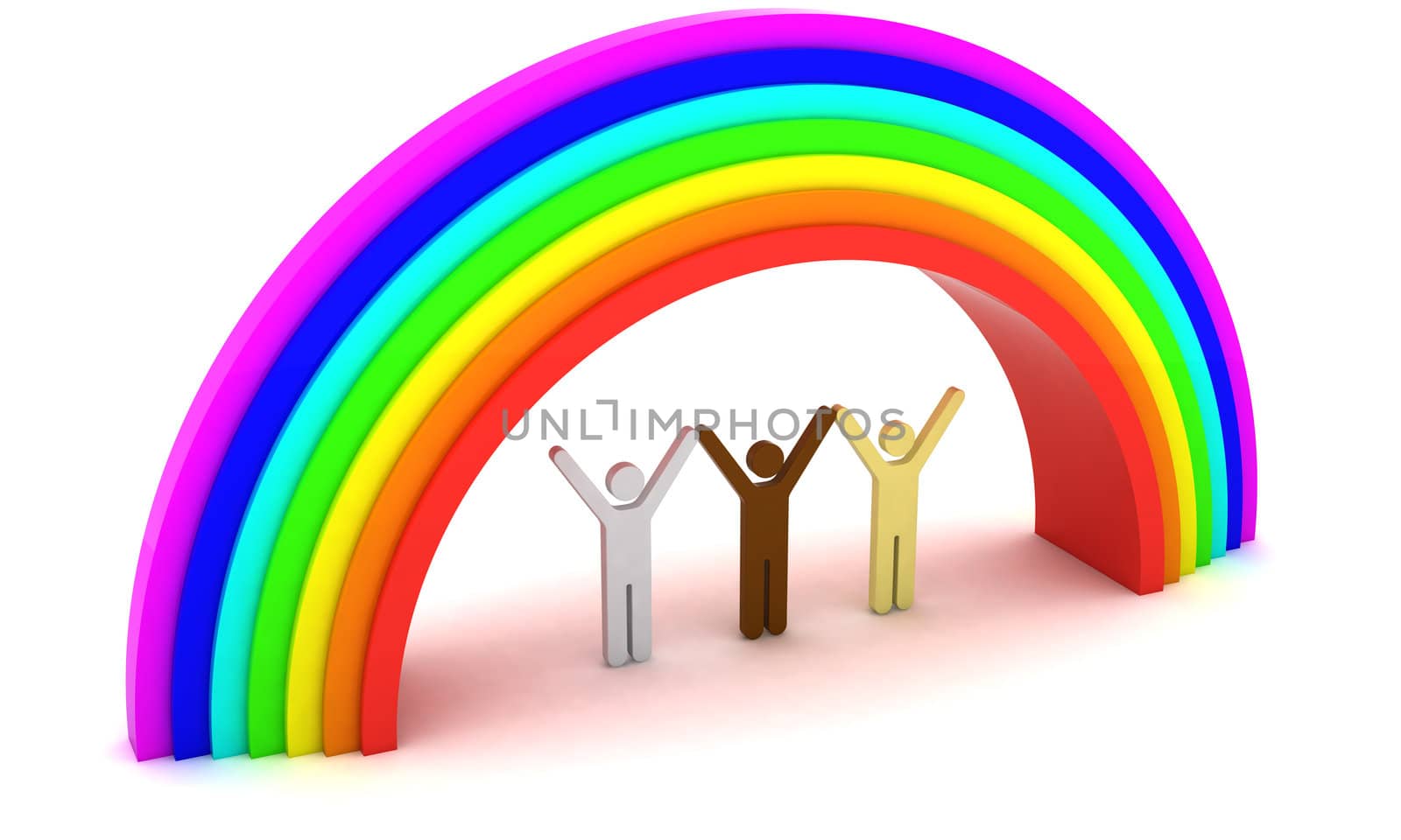 Multi-ethnic group of people under rainbow. 3d objects isolated on the white background.