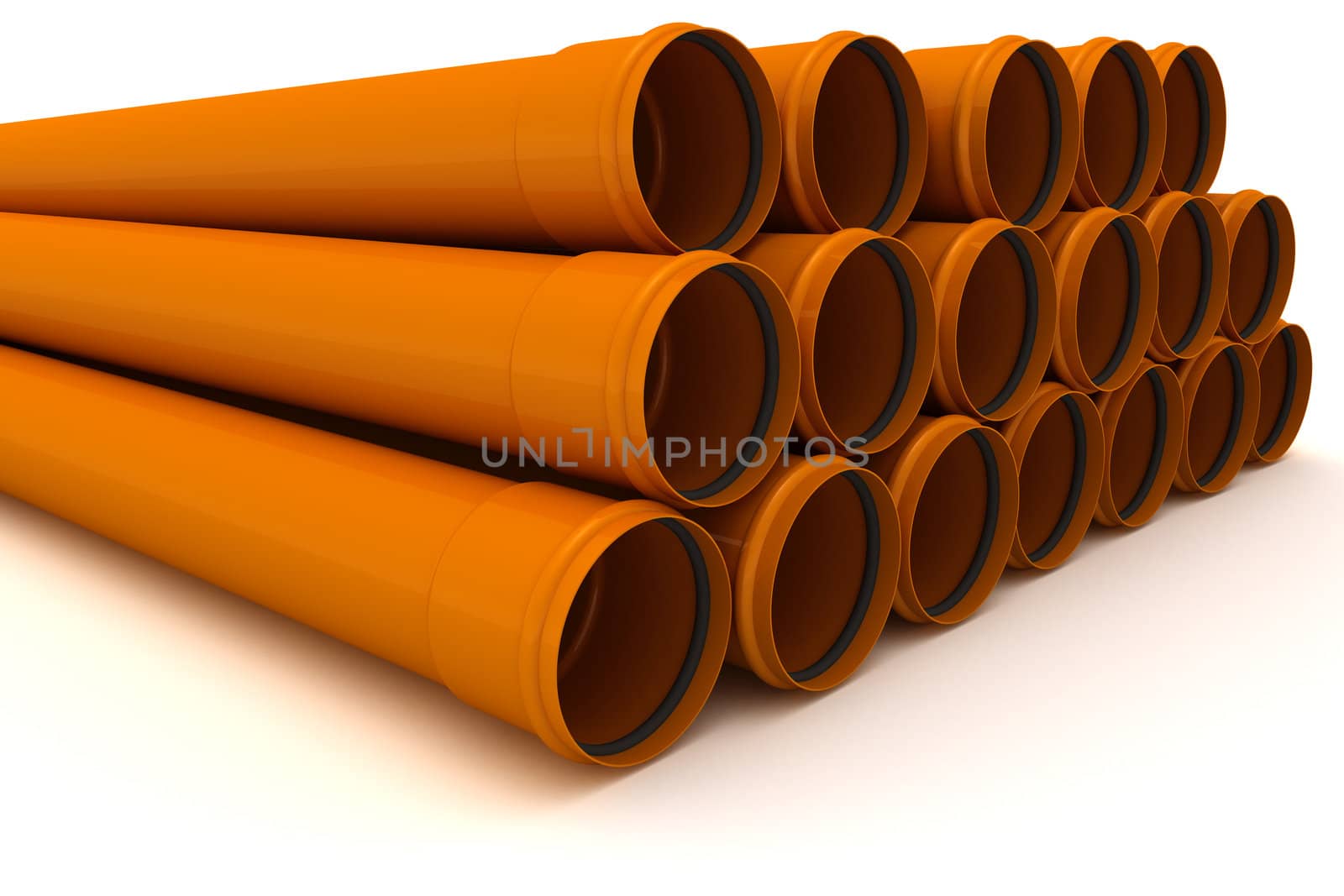 Stack of brown drain pipes isolated on white background