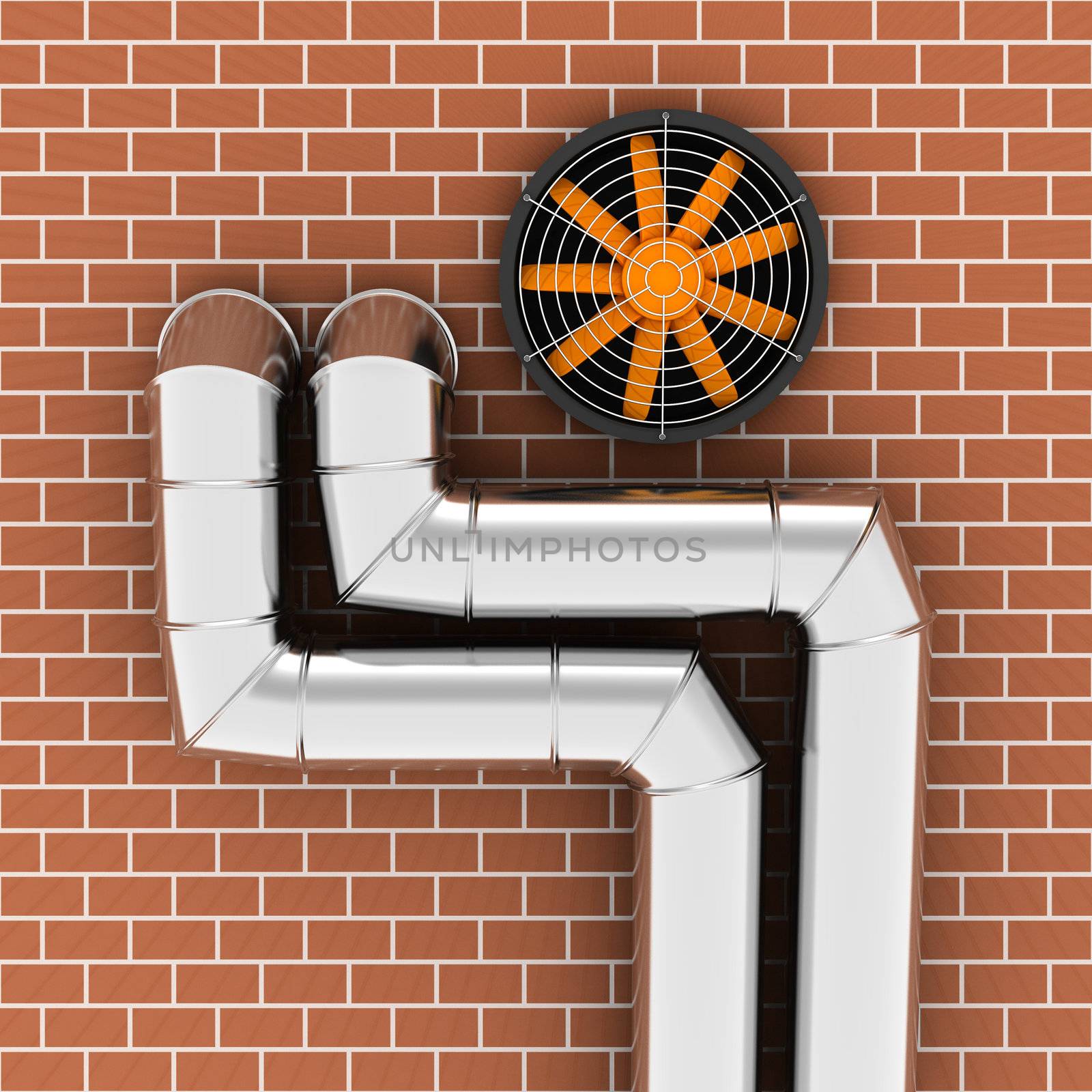 Metal pipes and ventilator on the brick wall