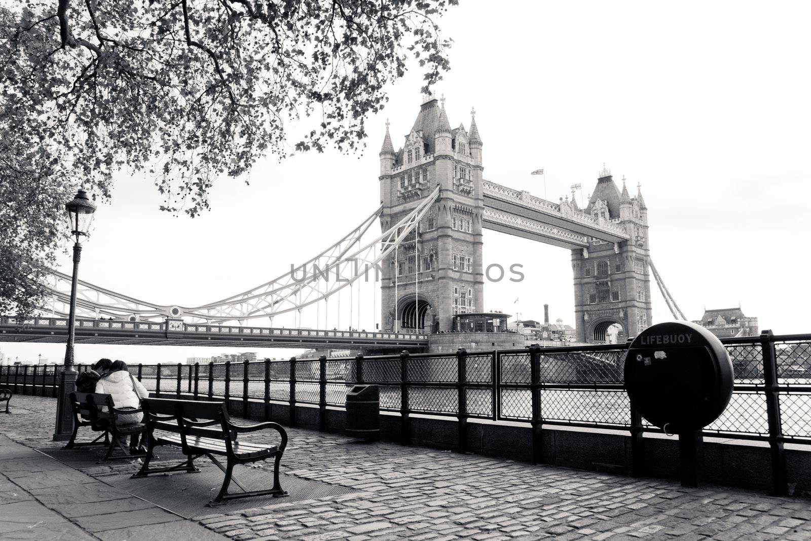 A black and white view of the famous Tower Bridge as seen from the London Tower bank