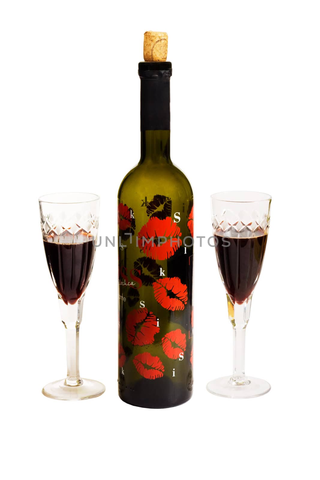 Red wine bottle and glass, isolated on white background
