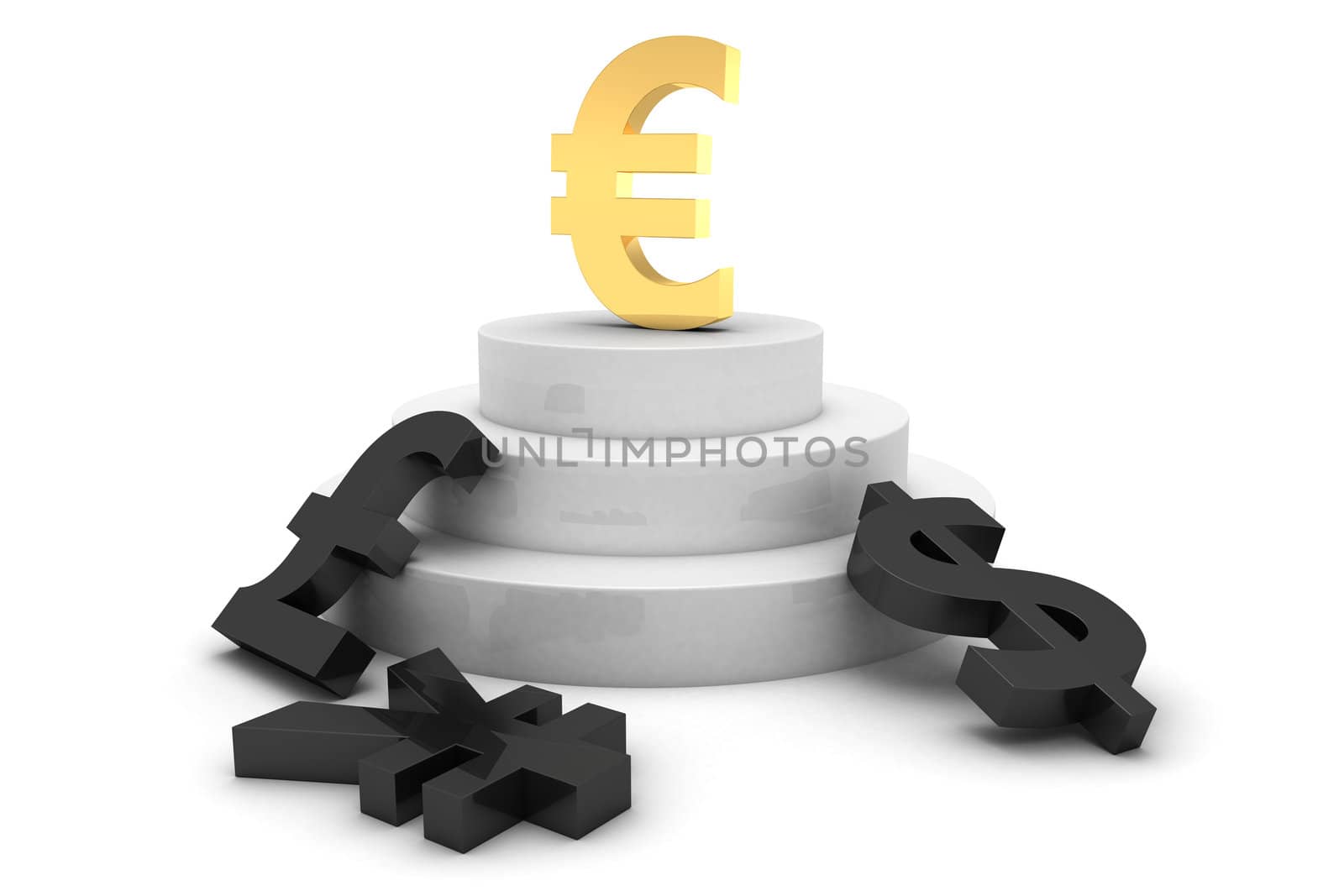Currency simbols on a pedestal.  3d objects isolated on the white background.