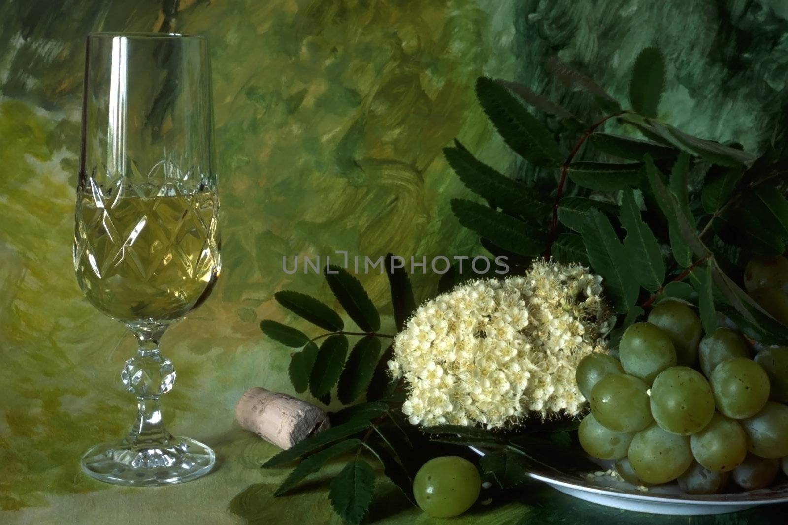 white wine with fruits and flower by ibphoto