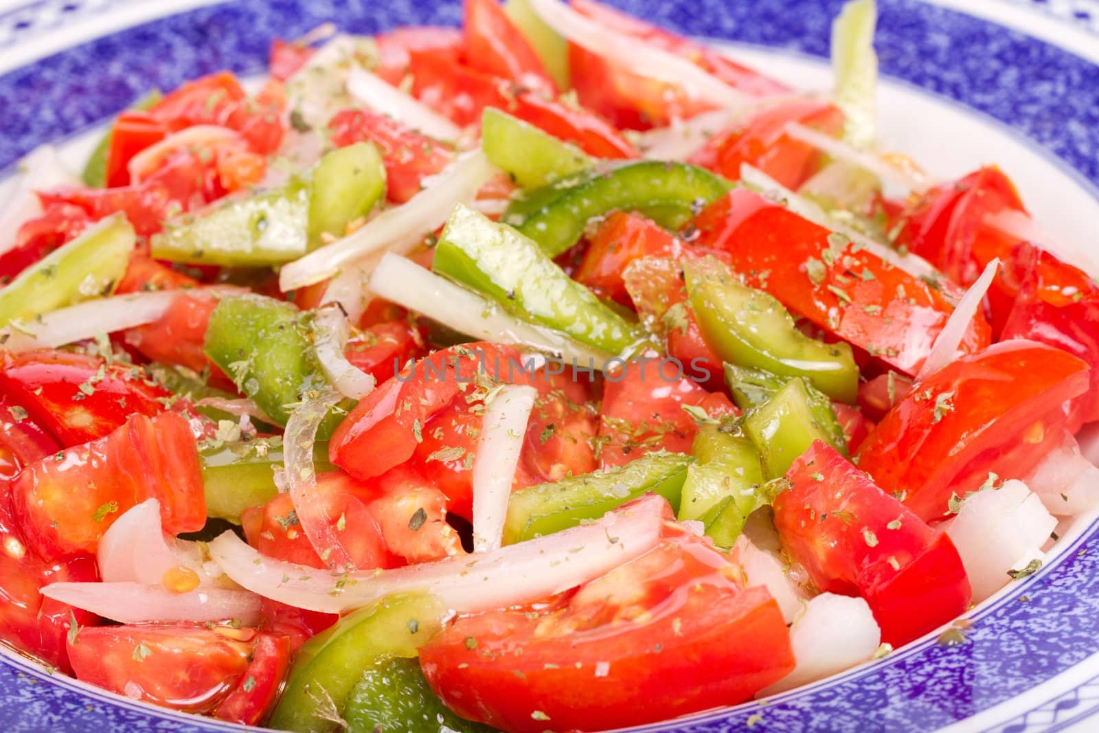 Close up view of some fresh ready made salad of tomato and green bell pepper.