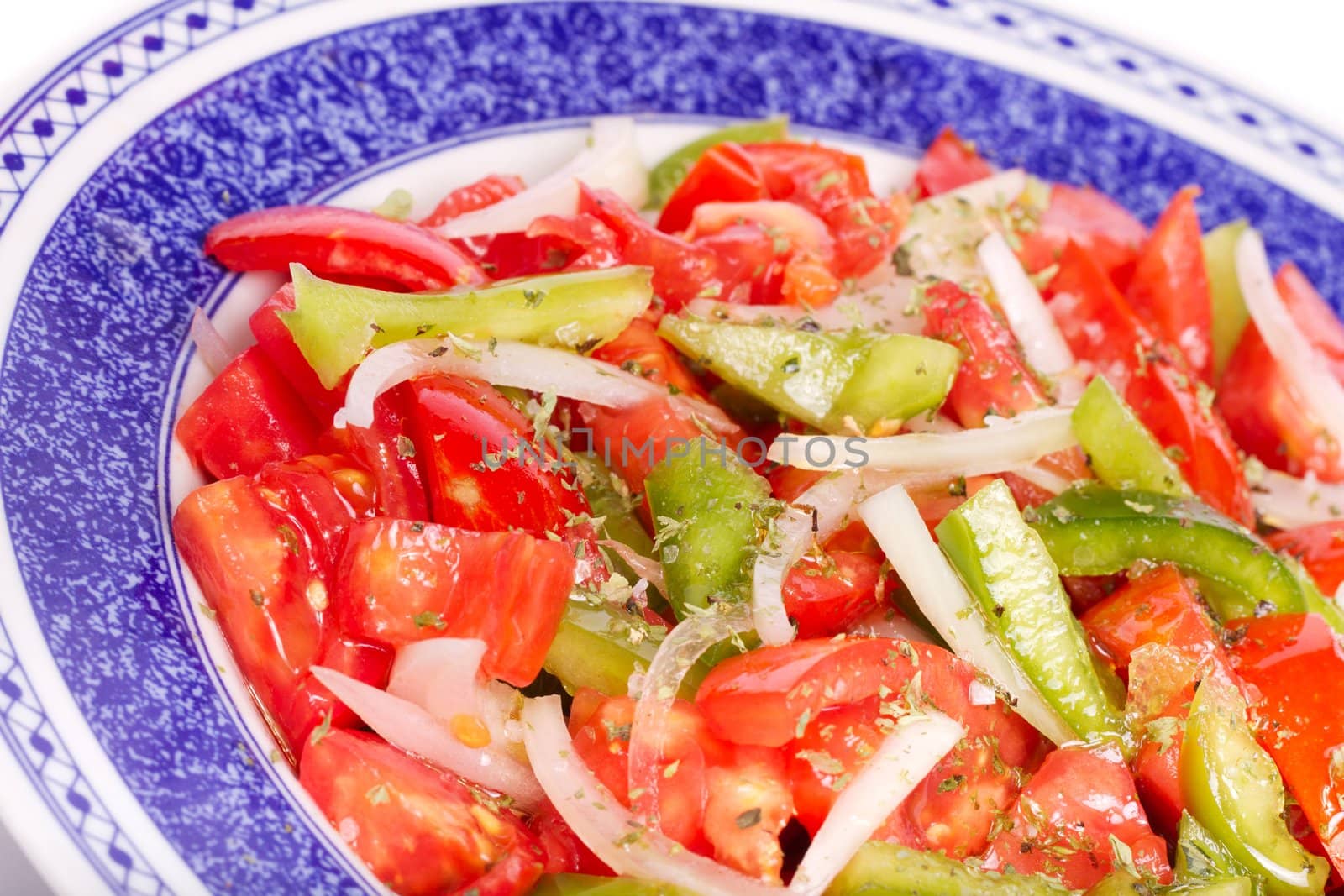 Close up view of some fresh ready made salad of tomato and green bell pepper.