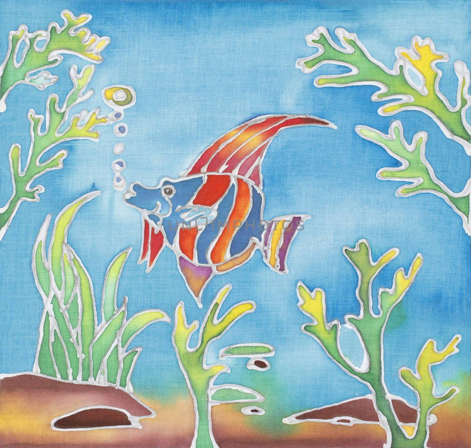 Fish pattern paint on a batik design from Thailand