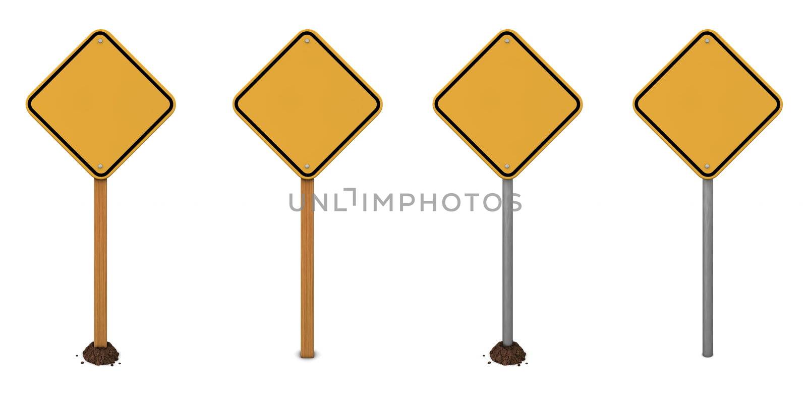 quadrangular dark yellow warning sign with four different posts - wood and metal - with, without mound of earth
