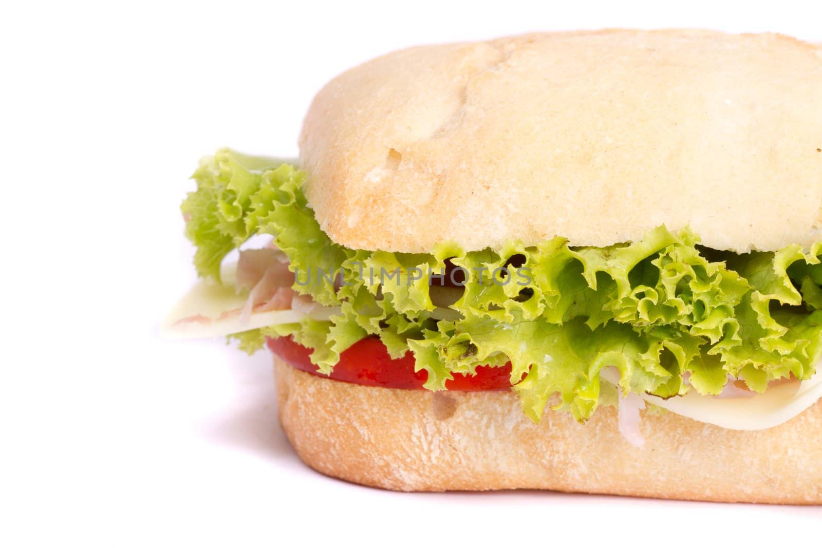 Close view of a fresh tasty ciabatta sandwich with tomato, lettuce, cheese and ham isolated on a white background.