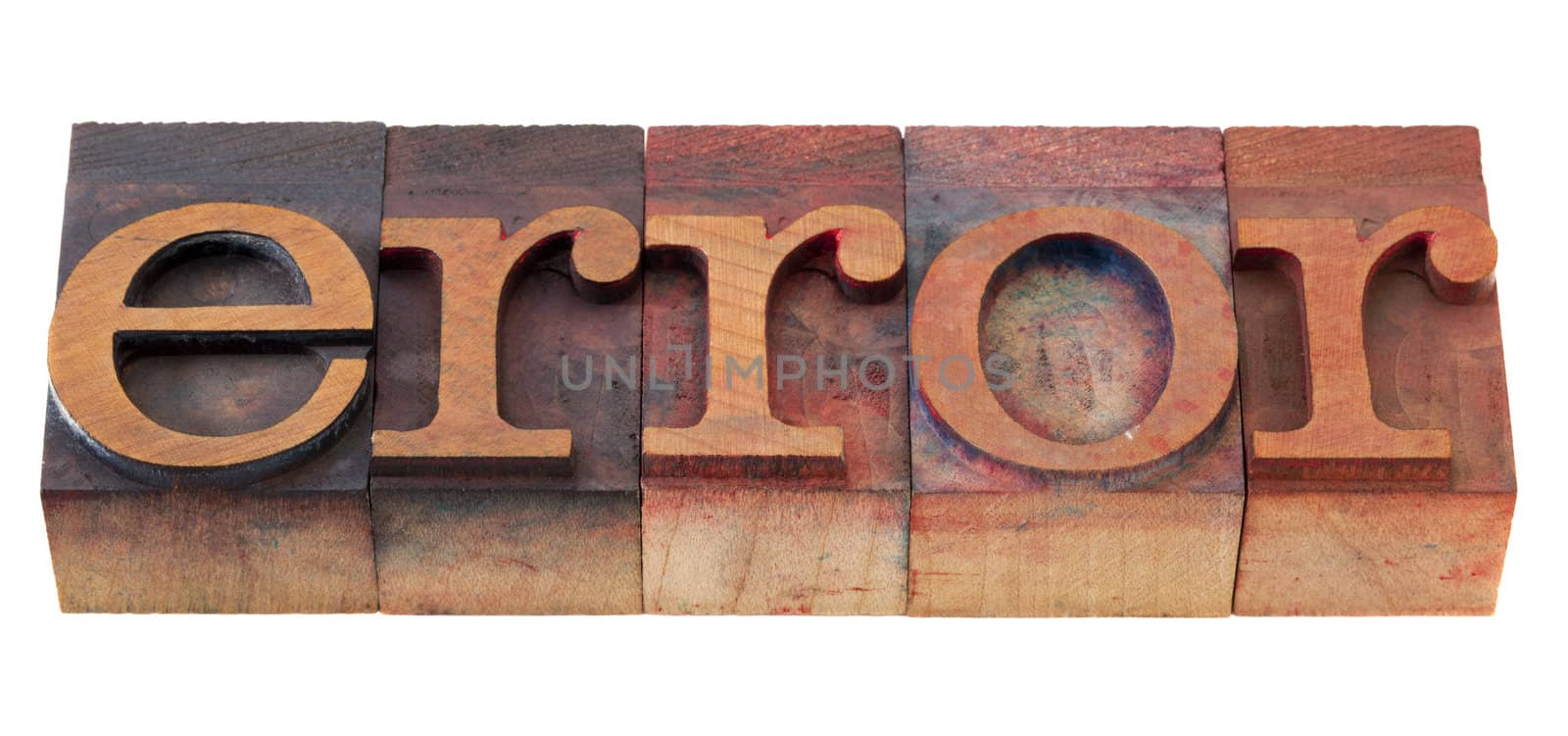 error  word in vintage wooden letterpress printing blocks, stained by color inks, isolated on white