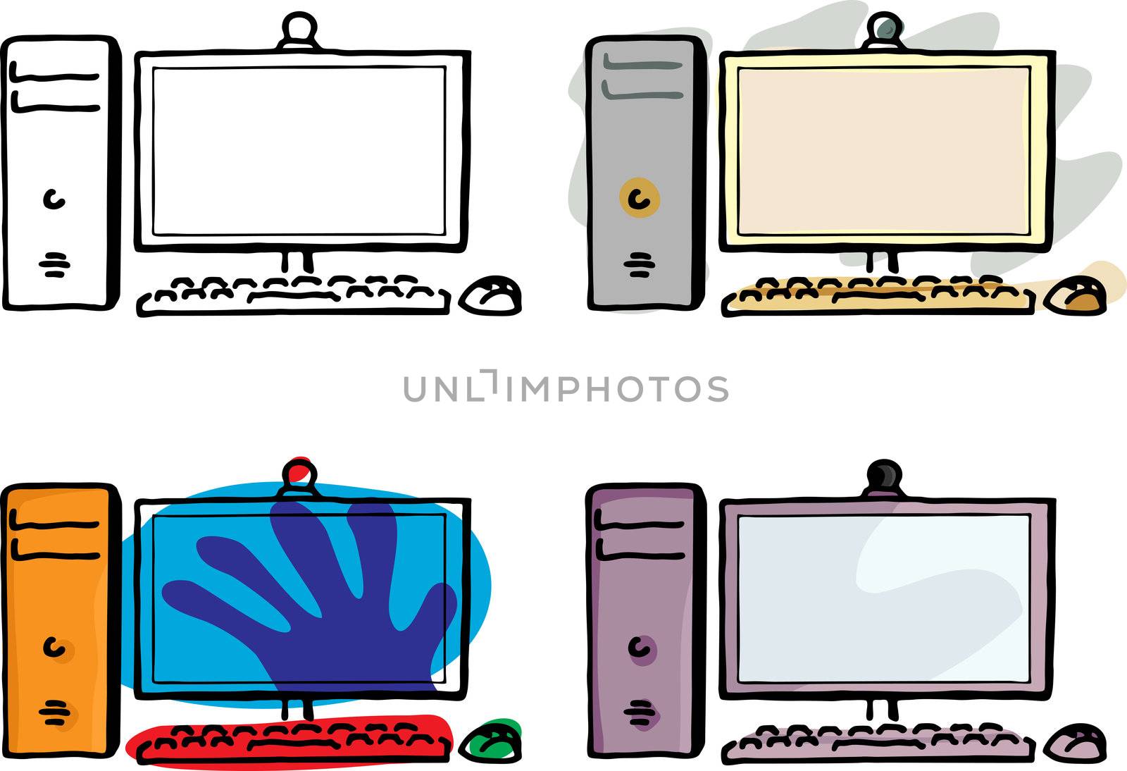 Four variations of a desktop computer with wireless keyboard and mouse.