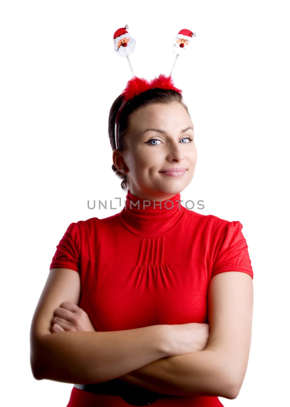 Christmas portrait of an young smiling woman on white background