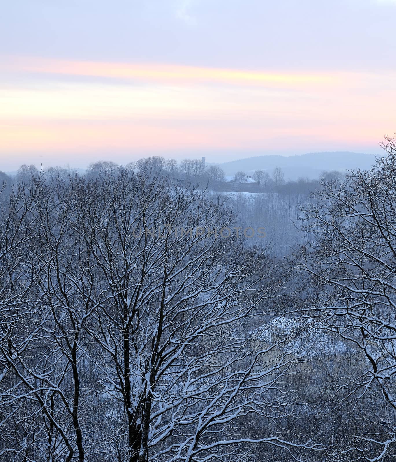 December morning in city. Snow covered trees. Winter sunrise on Vilnius hills