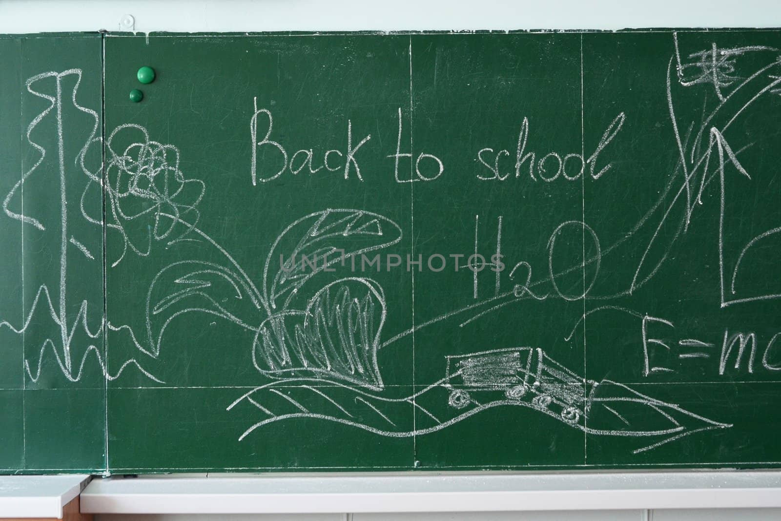 Green chalk blackboard written Back To School with white chalk