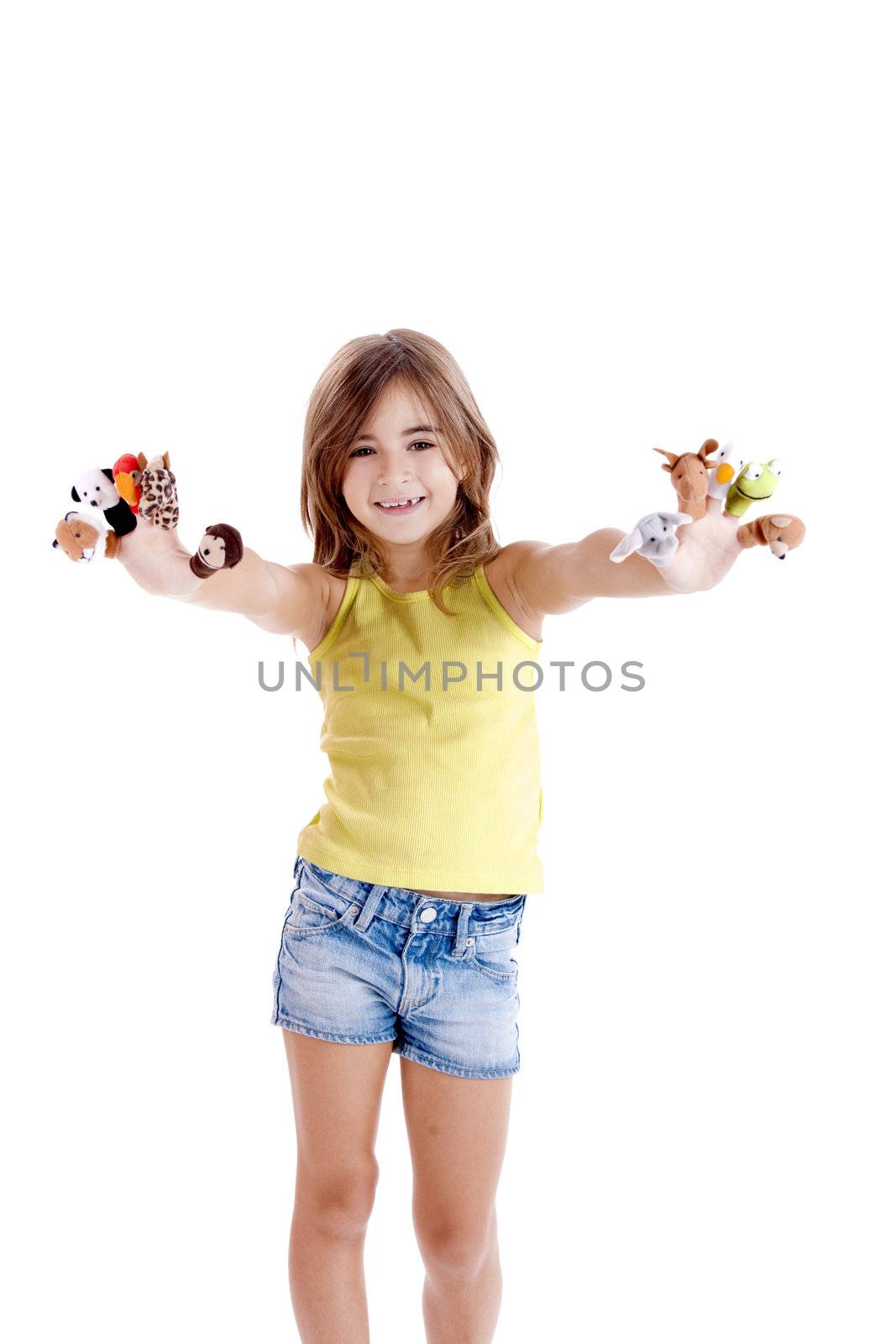 Cute and happy girl playing with finger puppets