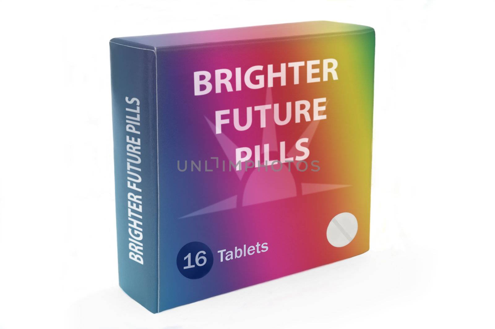 Close and low level angle capturing a multicoloured medication pack with the words "Brighter Future Pills" arranged over white.