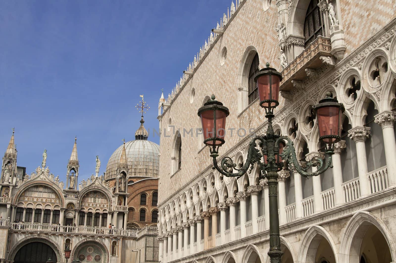 Dodge's Palace and St. Mark's Basilica, Venice, Italy over blue sky in Venice, Italy