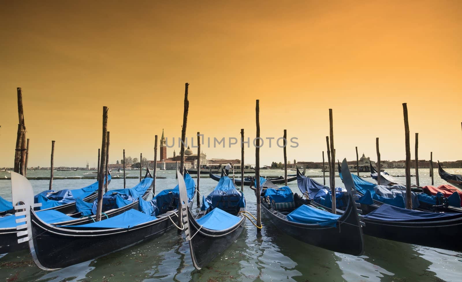 Many parked gondolas at the dusk in Venice, Italy