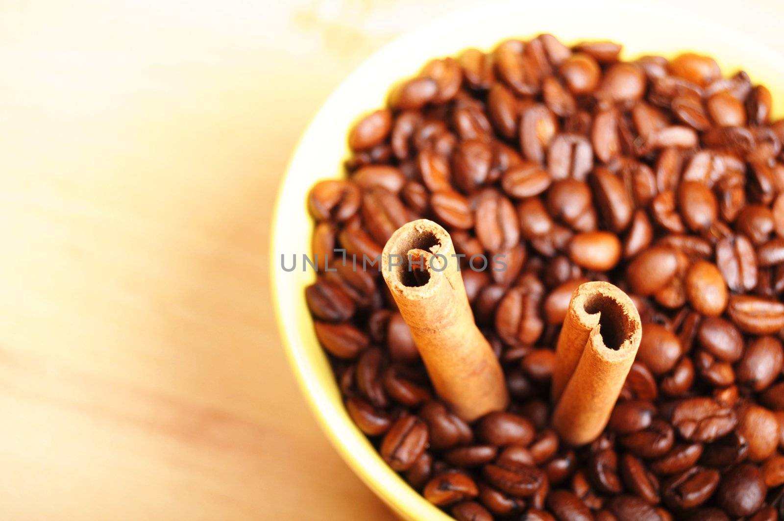 coffee beans and cinnamon with copyspace showing food concept