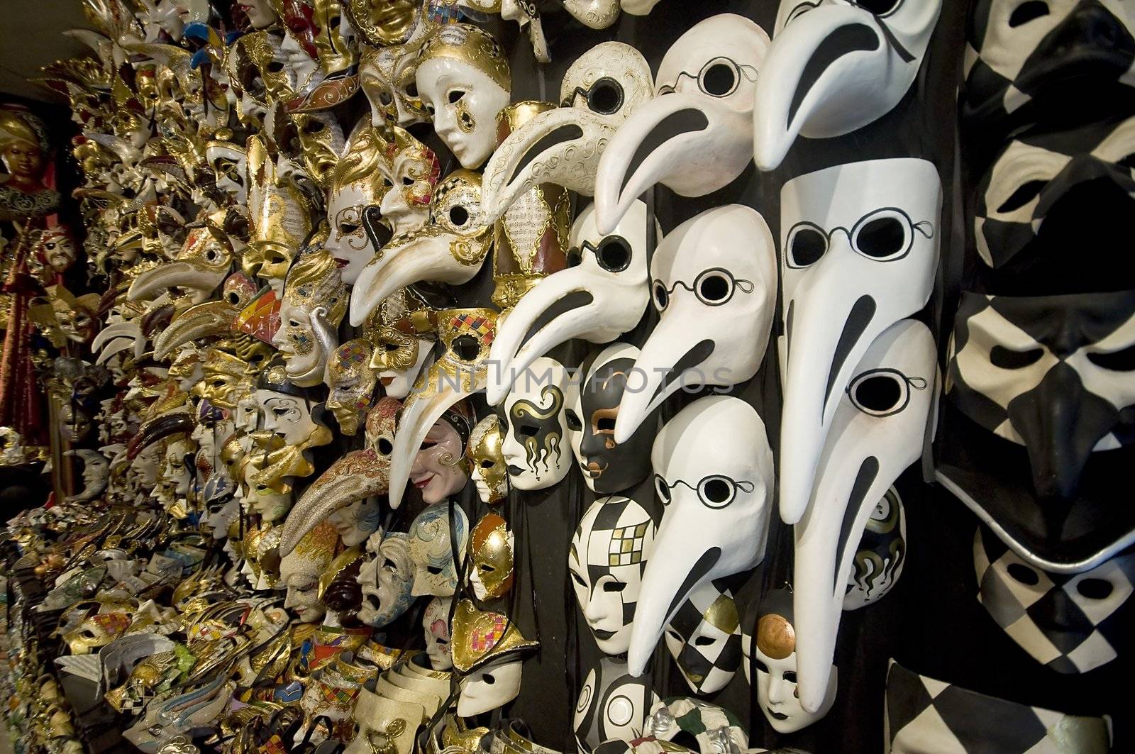 Big amount of traditional venetian carnival masks. Venice, Italy.