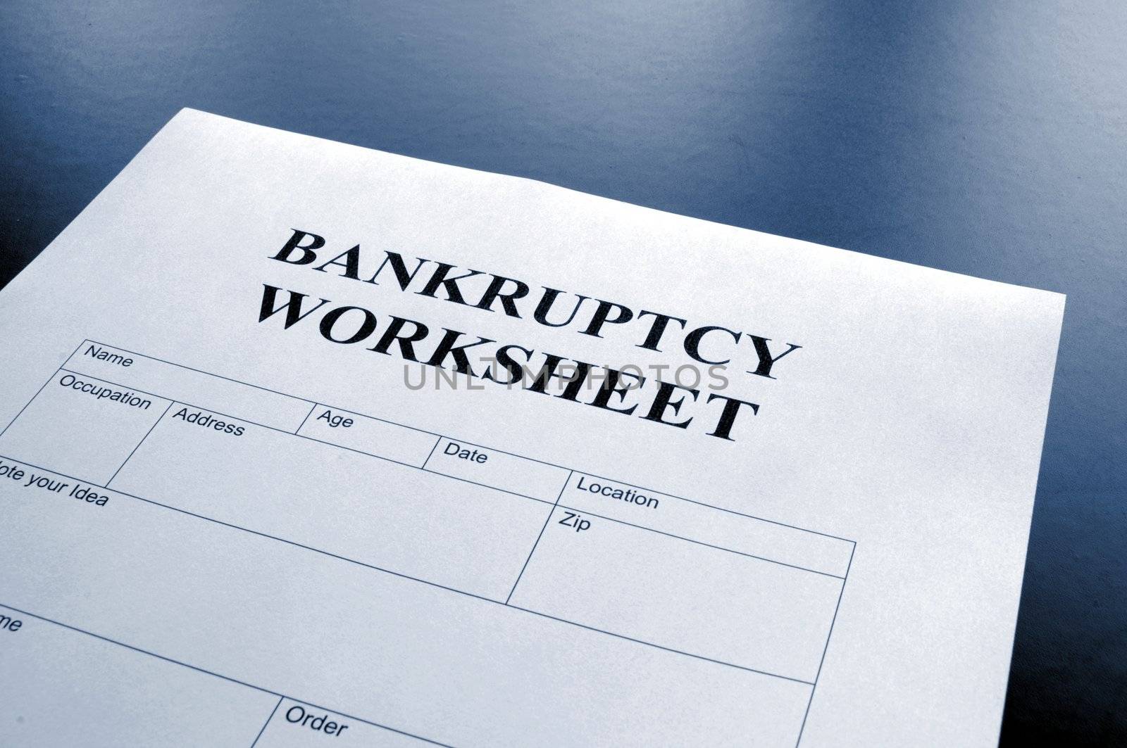 bankruptcy worksheet form or document showing business concept