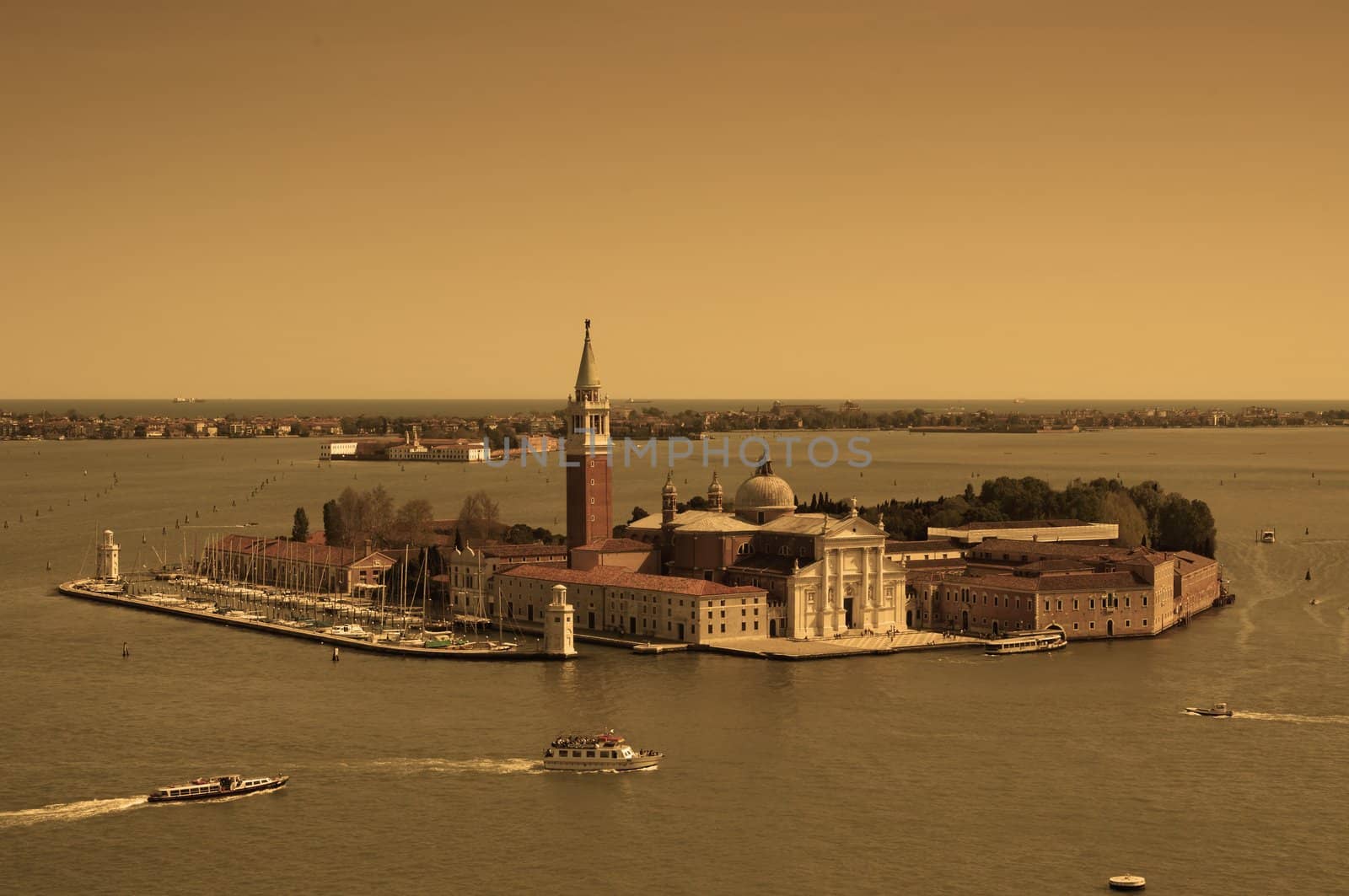 Aerial view of Venice city from the top of the bell tower at the San Marco Square