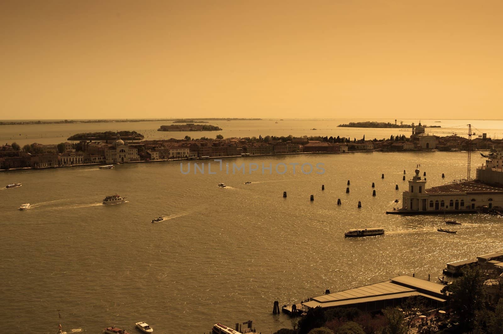 Aerial view of Venice city from the top of the bell tower at the San Marco Square