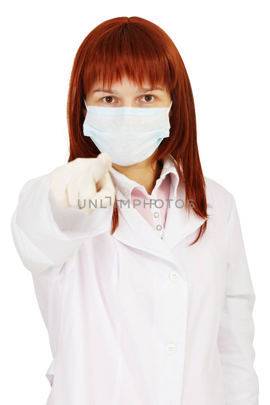 The staff nurse points a finger at us on white