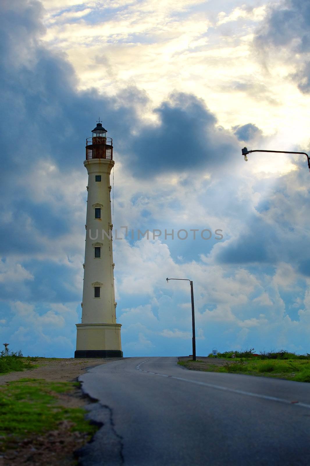 California lighthouse in the sunset on Arubas northwestern tip