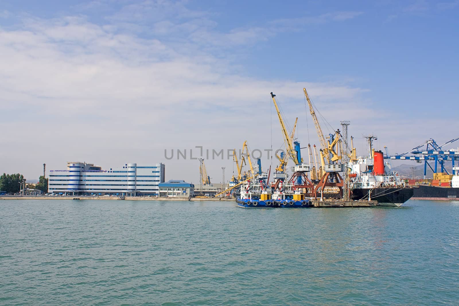 Tower cranes to load cargo ships in port of Novorossiysk, Russia