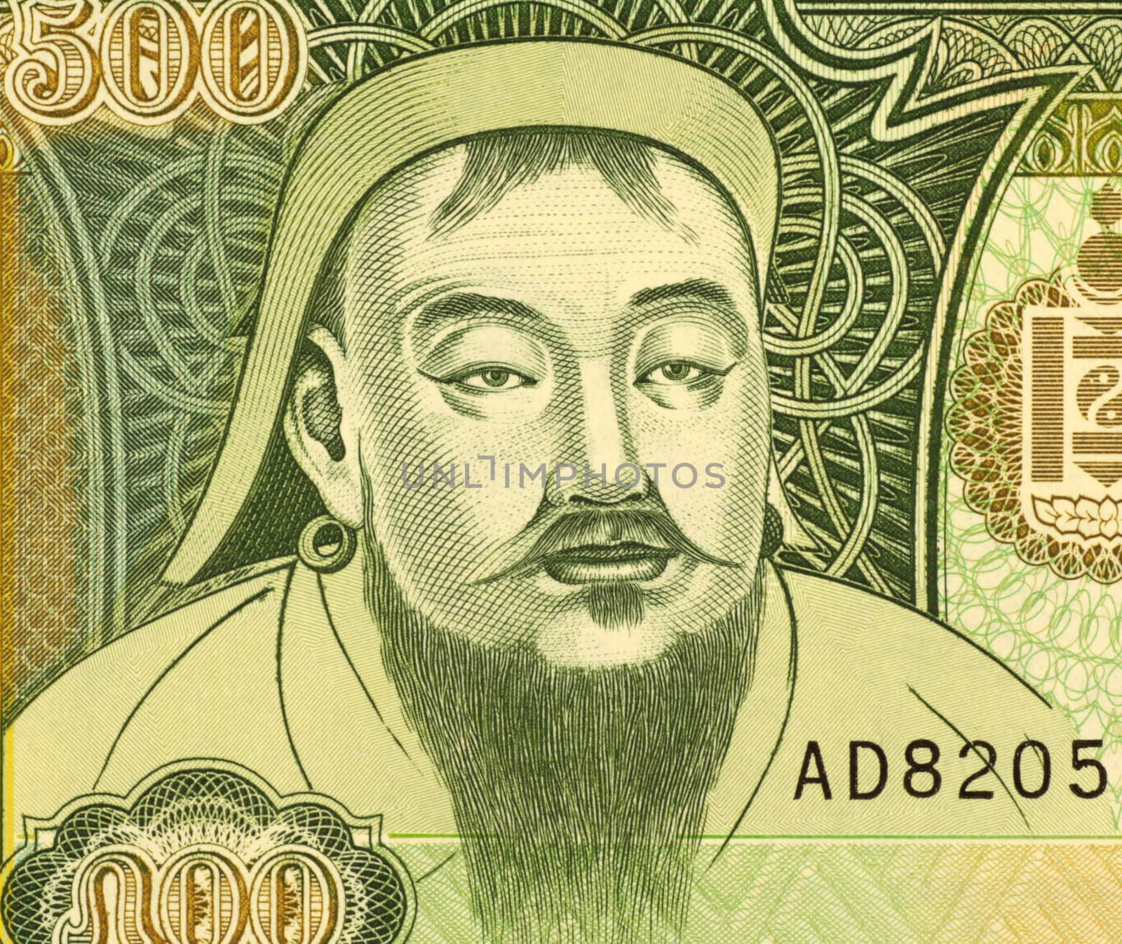 Genghis Khan (1162-1227) on 500 Tugrik 1997 Banknote from Mongolia. Founder, ruler & emperor of the Mongol Empire which became the largest contiguous empire in history after his death.