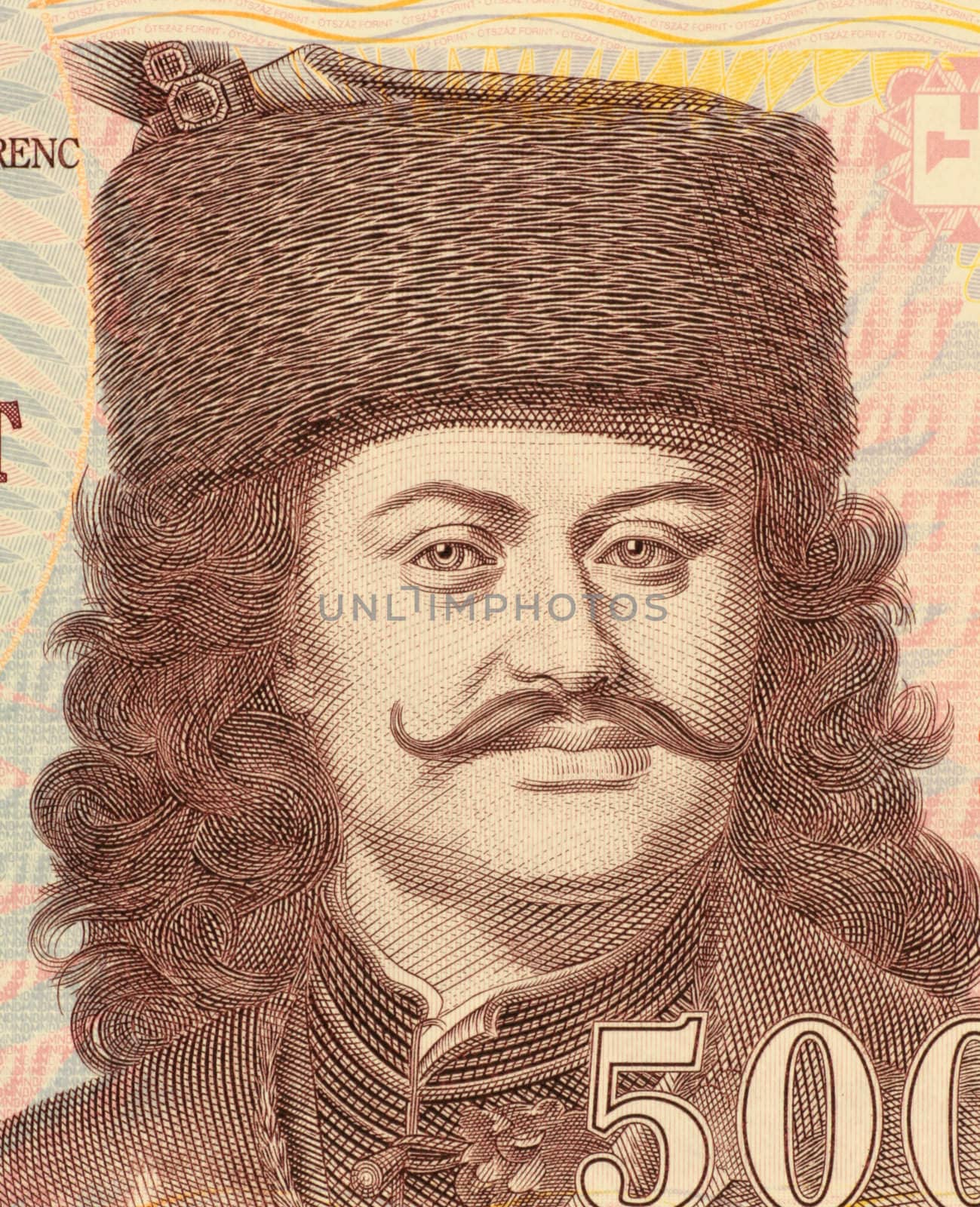 Francis II Rakoczi (1676-1735) on 500 Forint 2008 Banknote from Hungray. National hero of Hungary. Aristocrat, prince and leader of the Hungarian uprising against the Habsburgs in 1703-1711.