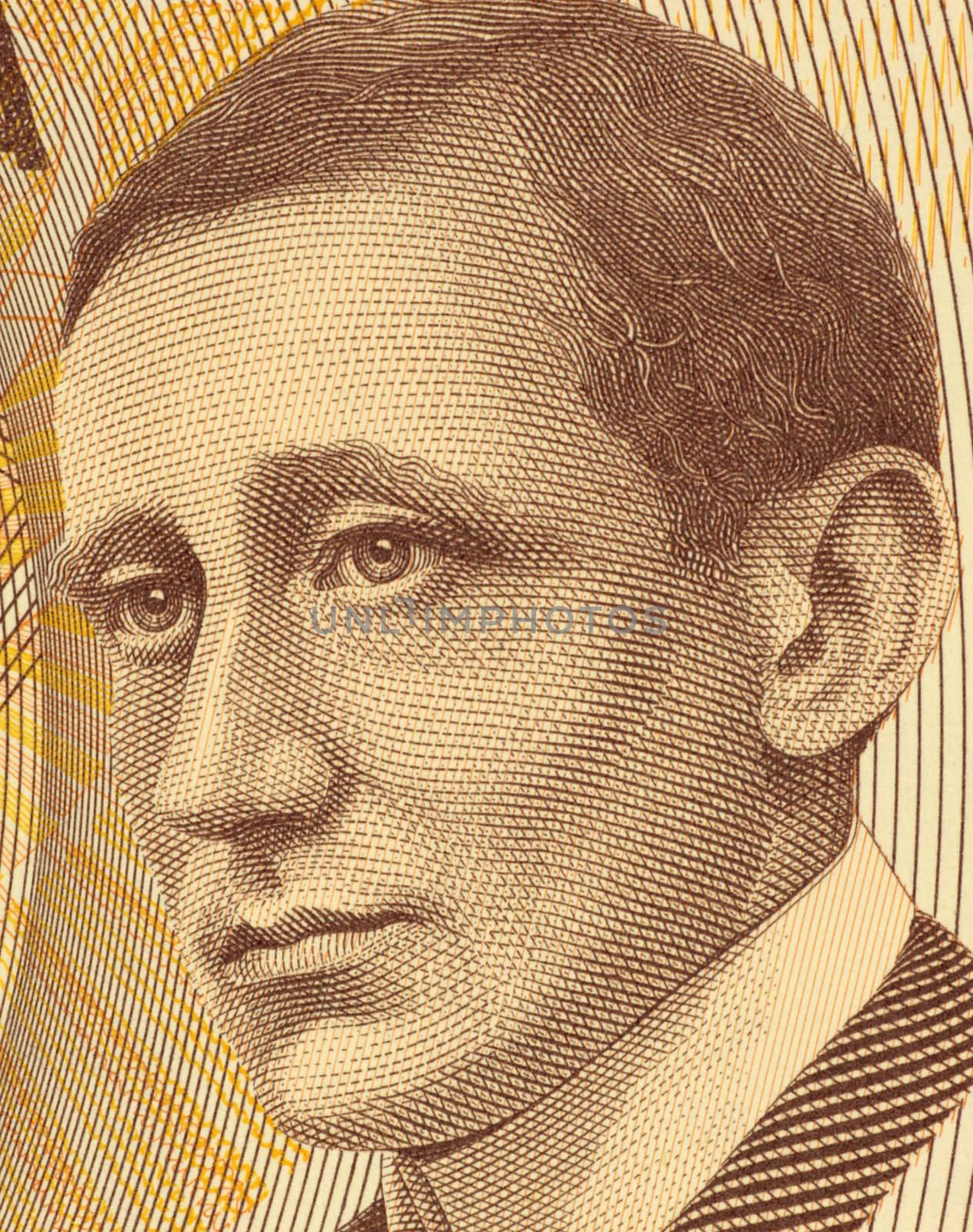 Guglielmo Marconi (1874-1937) on 2000 Lire 1990 Banknote from Italy. Italian inventor best known for his development of Marconi's law and a radio telegraph system.