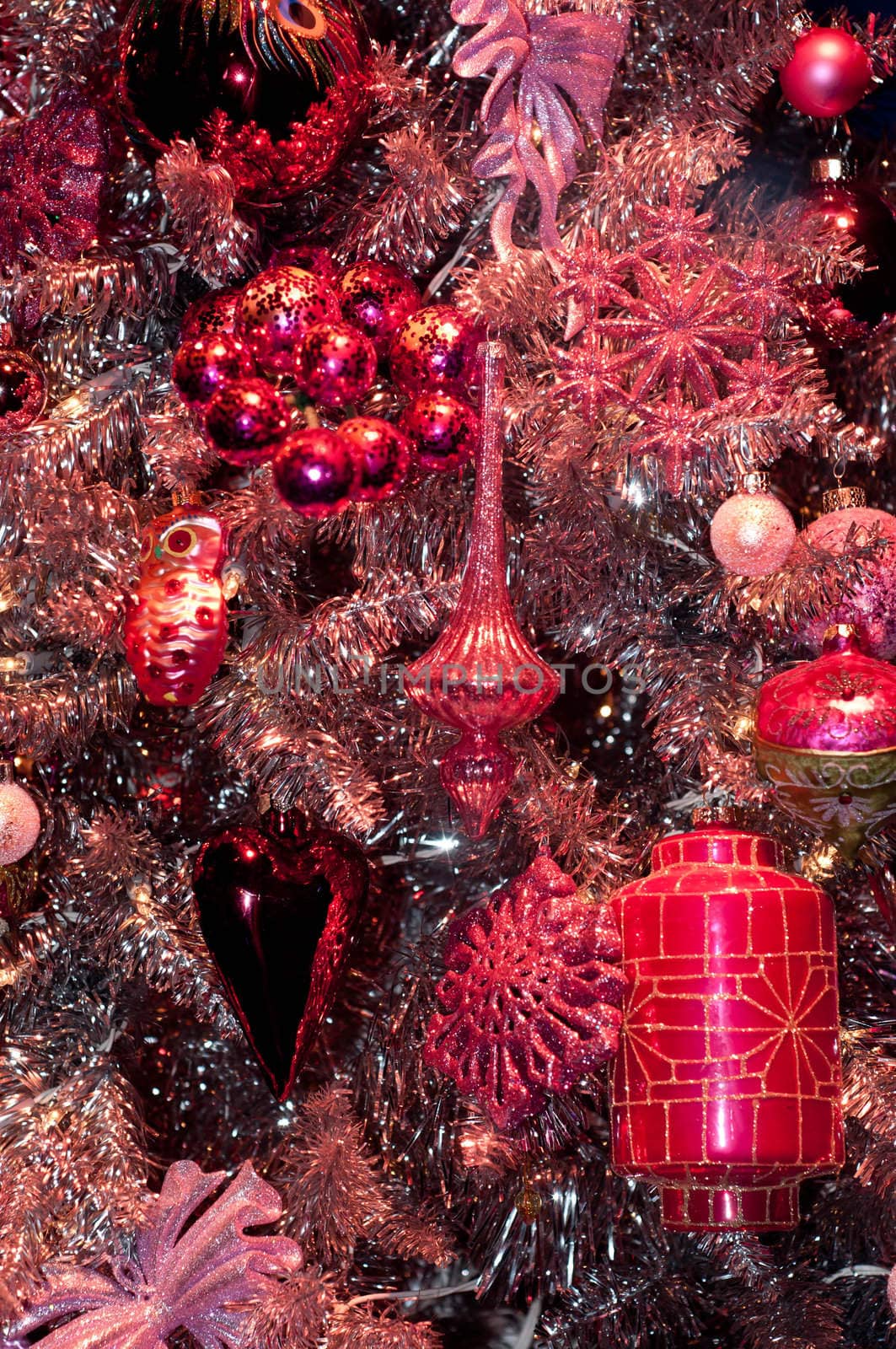 Close up details on a christmas tree with decorations