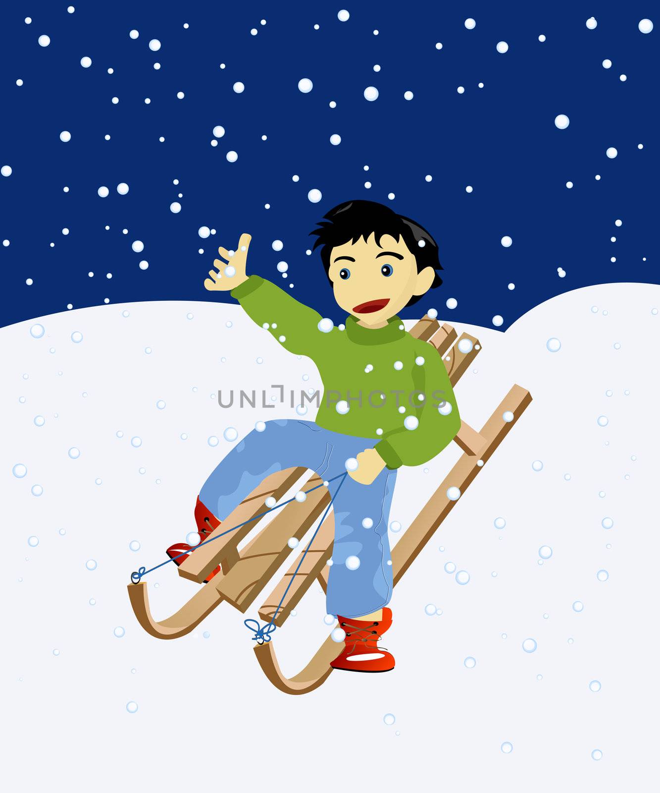 Happy kid on a wooden snow sledge