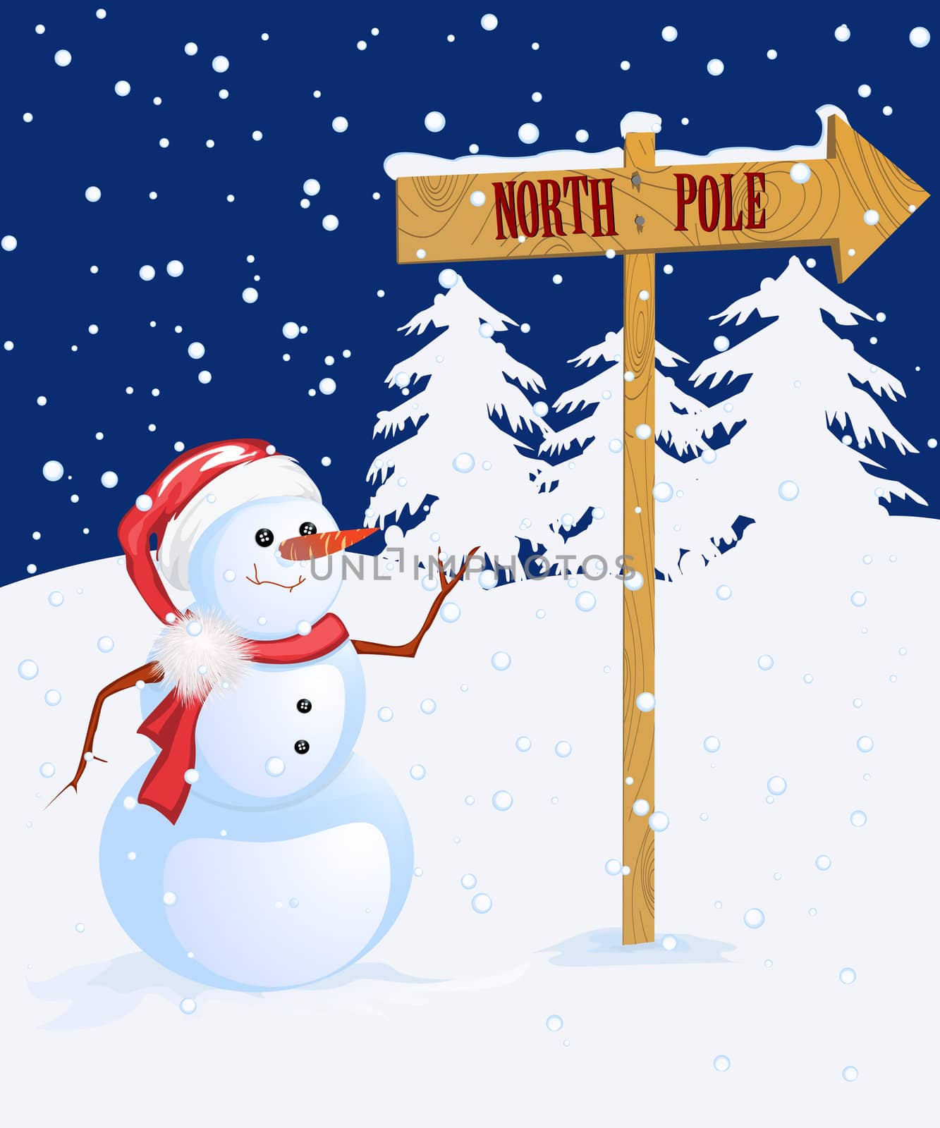 Snow man pointing to North Pole