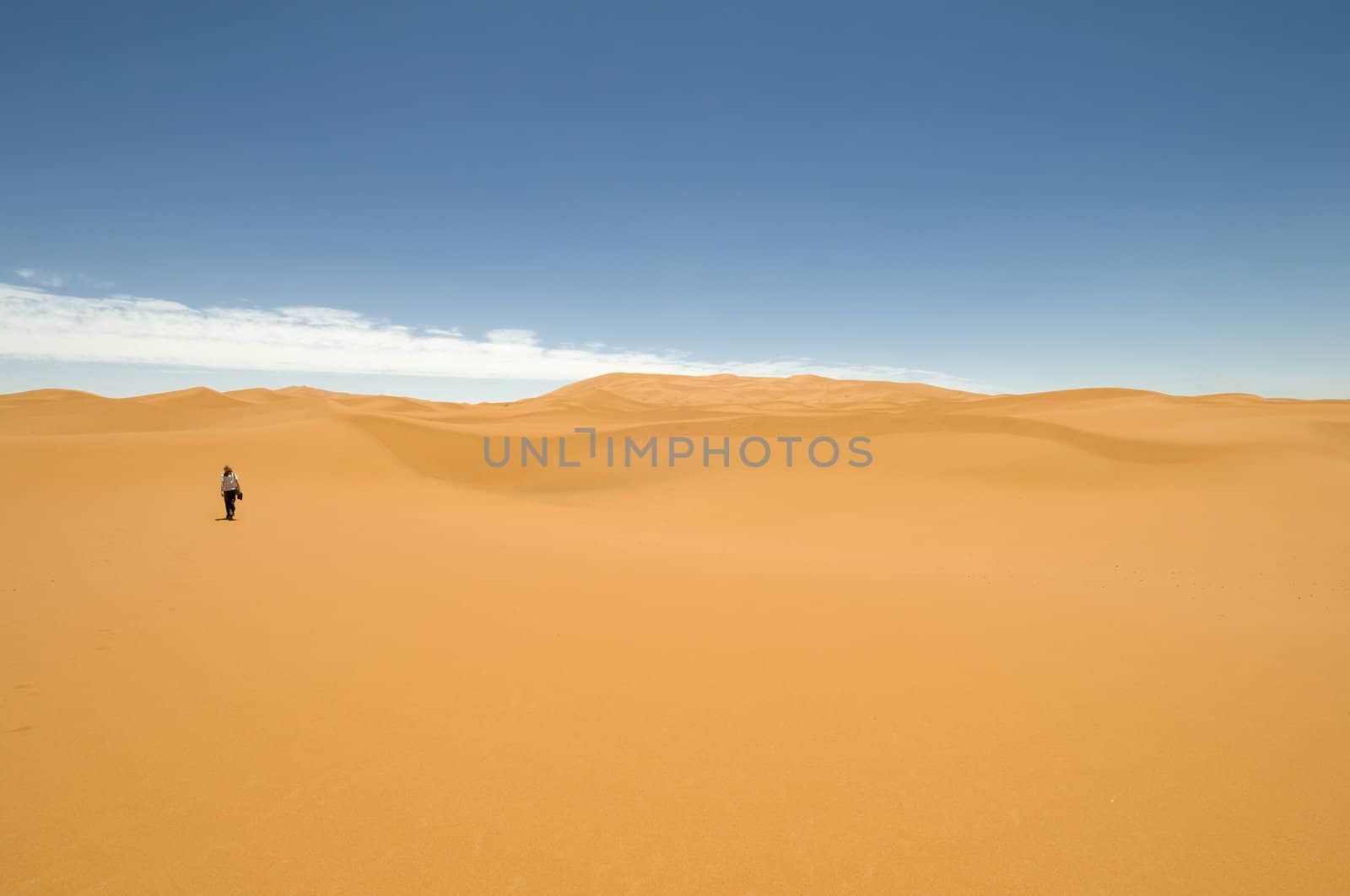 Woman walking alone among the sand dunes of the Sahara desert. Best of Morocco.