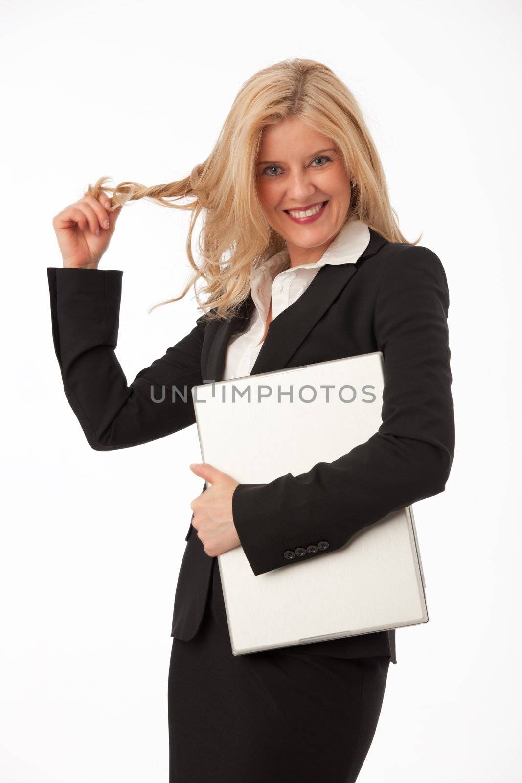 business woman with a notebook isolated on white