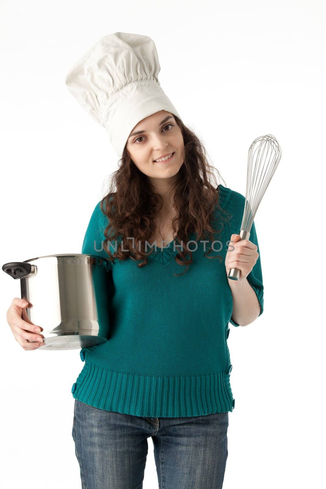 girl with a chef hand, a pot and a beater