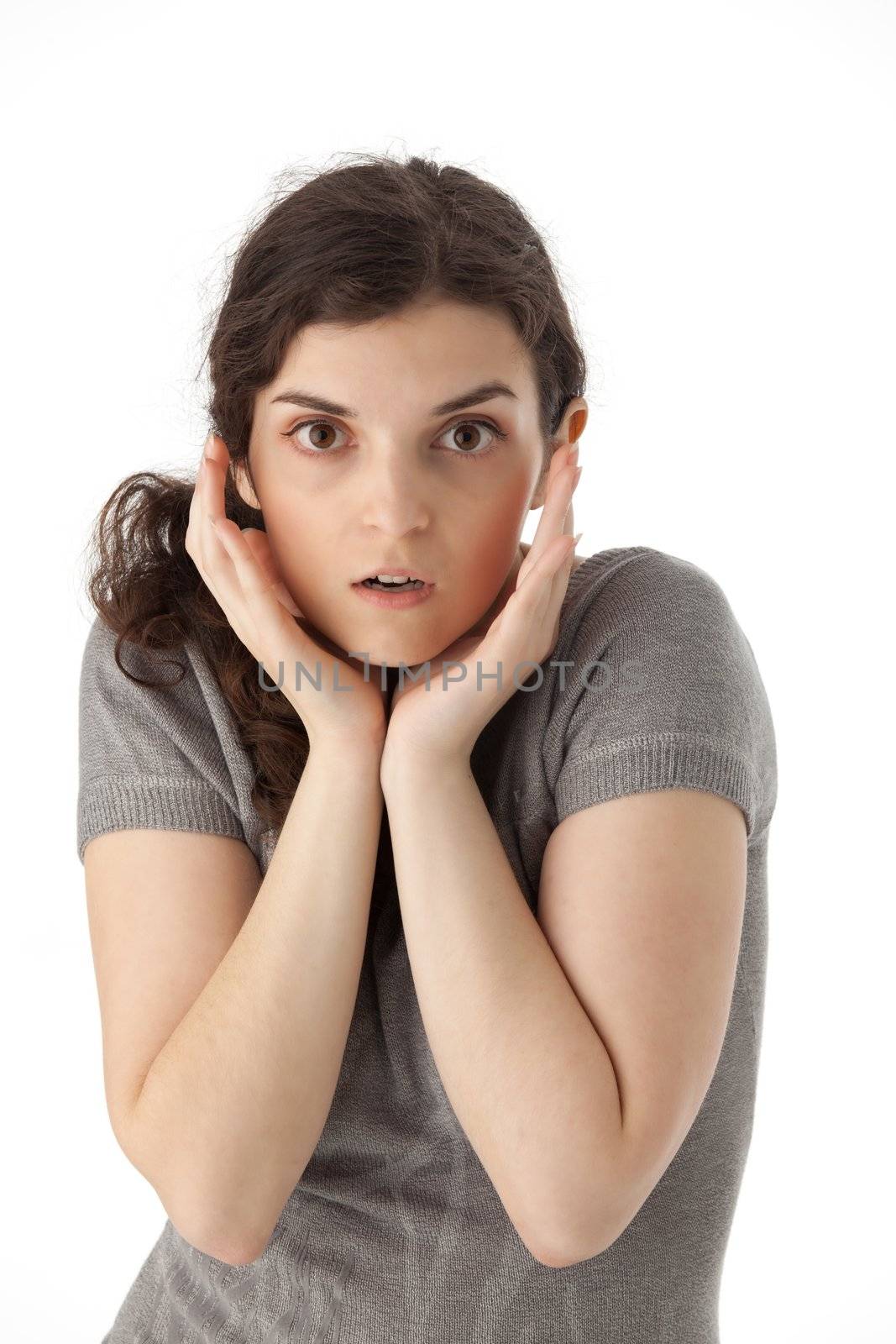 young girl with big glasse isolted on green background