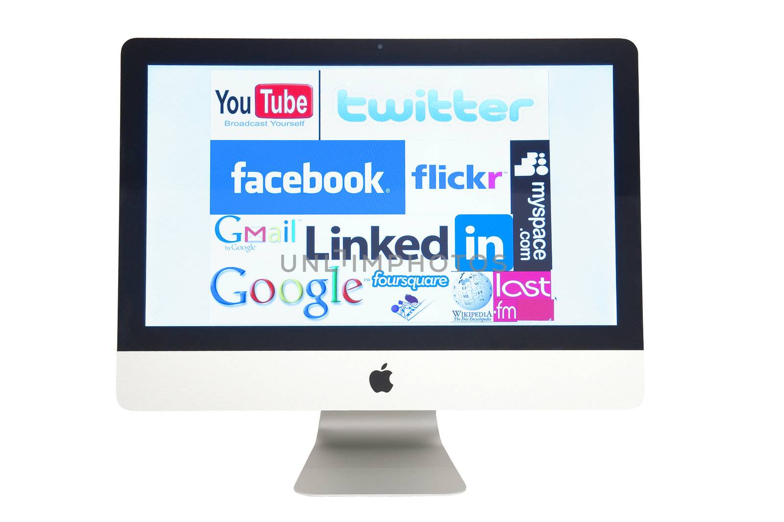 Apple iMac computer screen with social network logos isolated on white studio shot, Poland, 28.09.2011