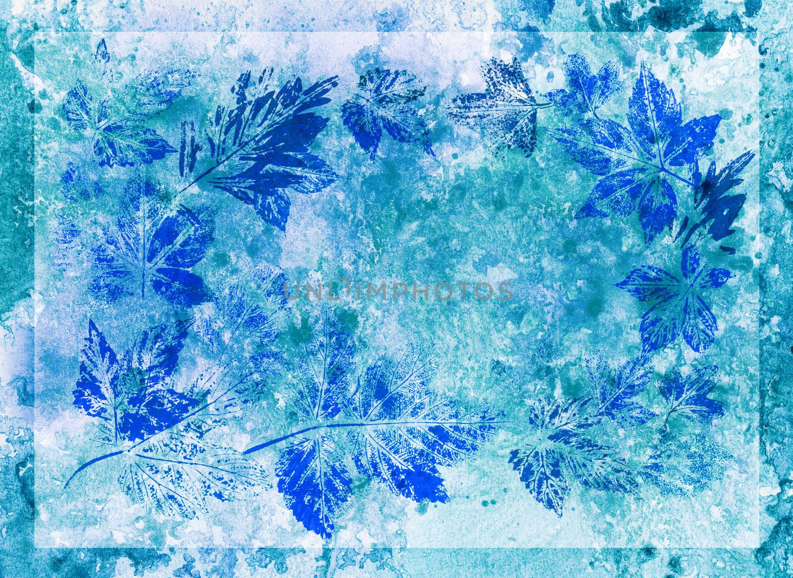 Abstract background, watercolor: leaves, painted on a paper. Blue, violet, green