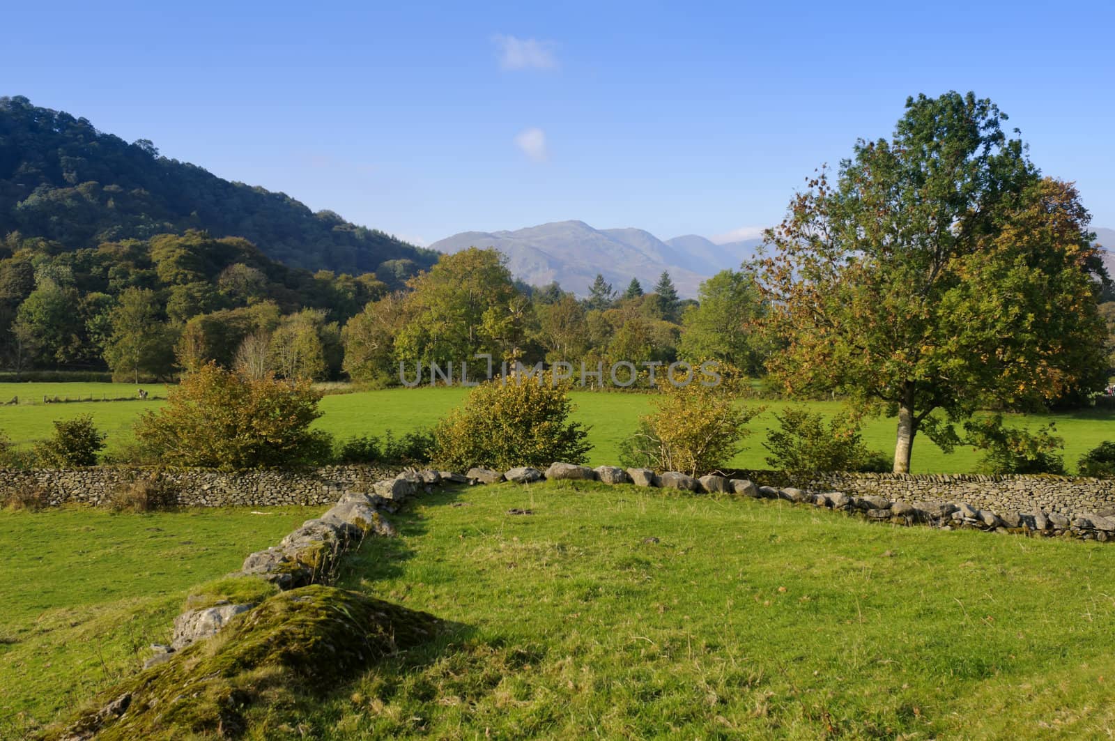 View from Galava Roman Fort in Borrans Field Ambleside Lake District National Park Cumbria England